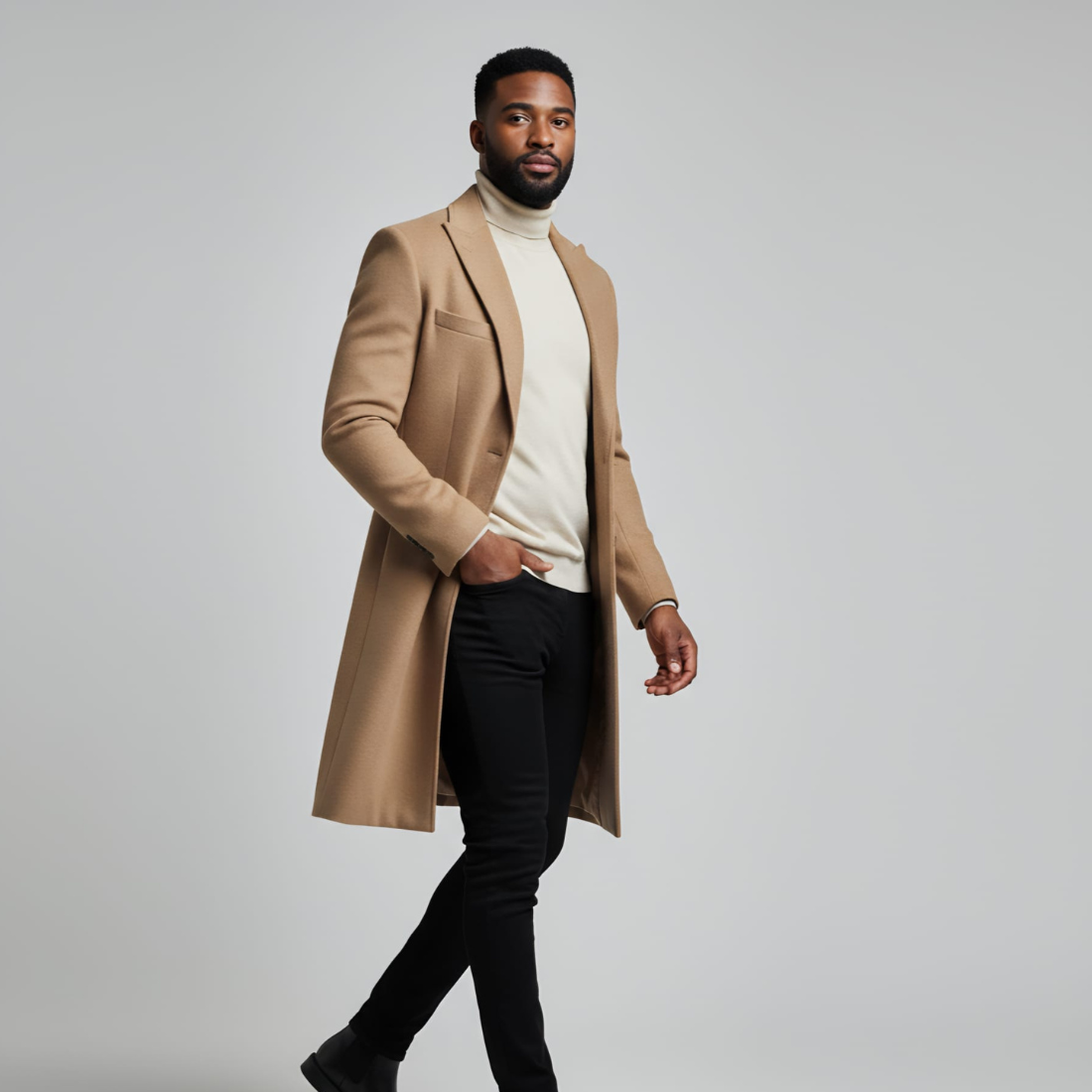 Man wearing a beige overcoat, white turtleneck, and black pants on a gray background