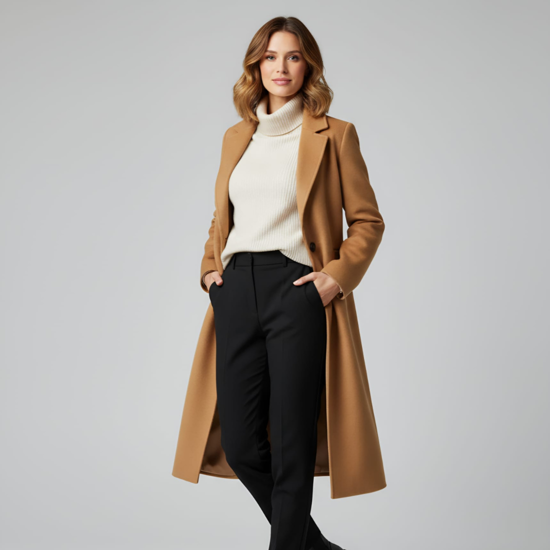 Stylish camel winter coat for women shown from front, side, and back with turtleneck sweater and tailored pants.